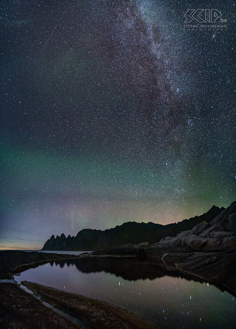 Norway - Senja - Tungeneset - Milky way The first northern lights appear very softly over the mountains on the rocky coast of Tungeneset around 11pm. The Milky Way is already breathtakingly beautiful and so I make a vertorama image. Stefan Cruysberghs